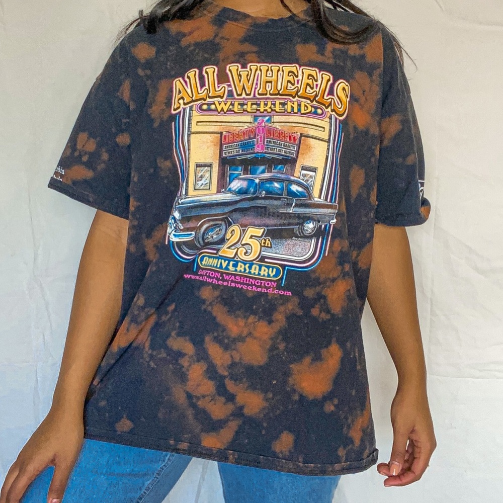 “All Wheels” Black Bleach Tie-Dye Graphic Tee